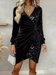 Velvet Sequin Long Sleeve Wrap Dress in Gold, front view