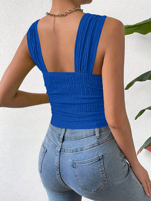 Royal blue crinkle strap crop top with ruched detail