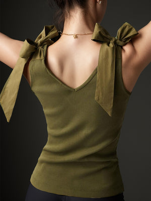 Army green ribbed knit tank top with bow shoulder straps
