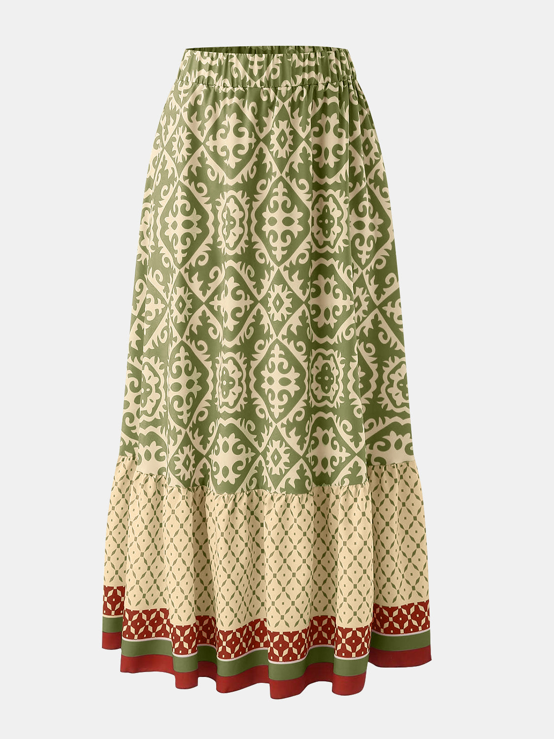 Tiered maxi skirt in green with medallion print and elastic waist.