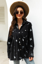 Black denim shirtdress with white stars and raw hem, button front, collared, long sleeves