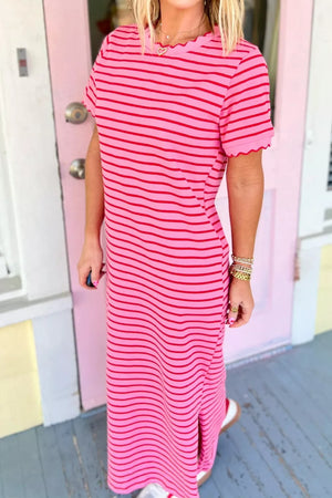Pink striped maxi tee dress with scalloped trim and short sleeves.