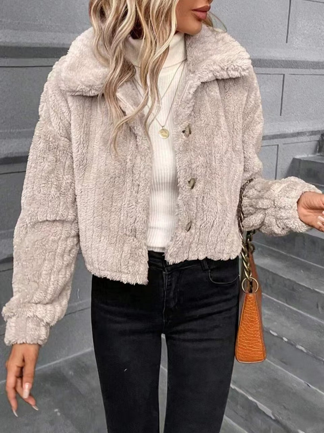 Textured teddy cropped button-up jacket in Dust Storm with button details and a collar.