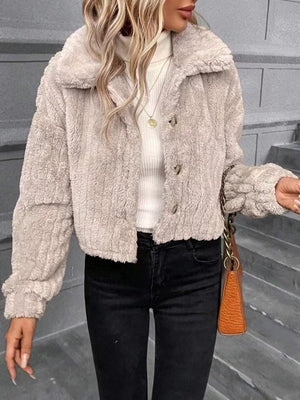 Textured teddy cropped button-up jacket in Dust Storm with button details and a collar.