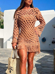 Open-knit cover-up in caramel with fringe sleeves and hem, crew neck, and bell sleeves.