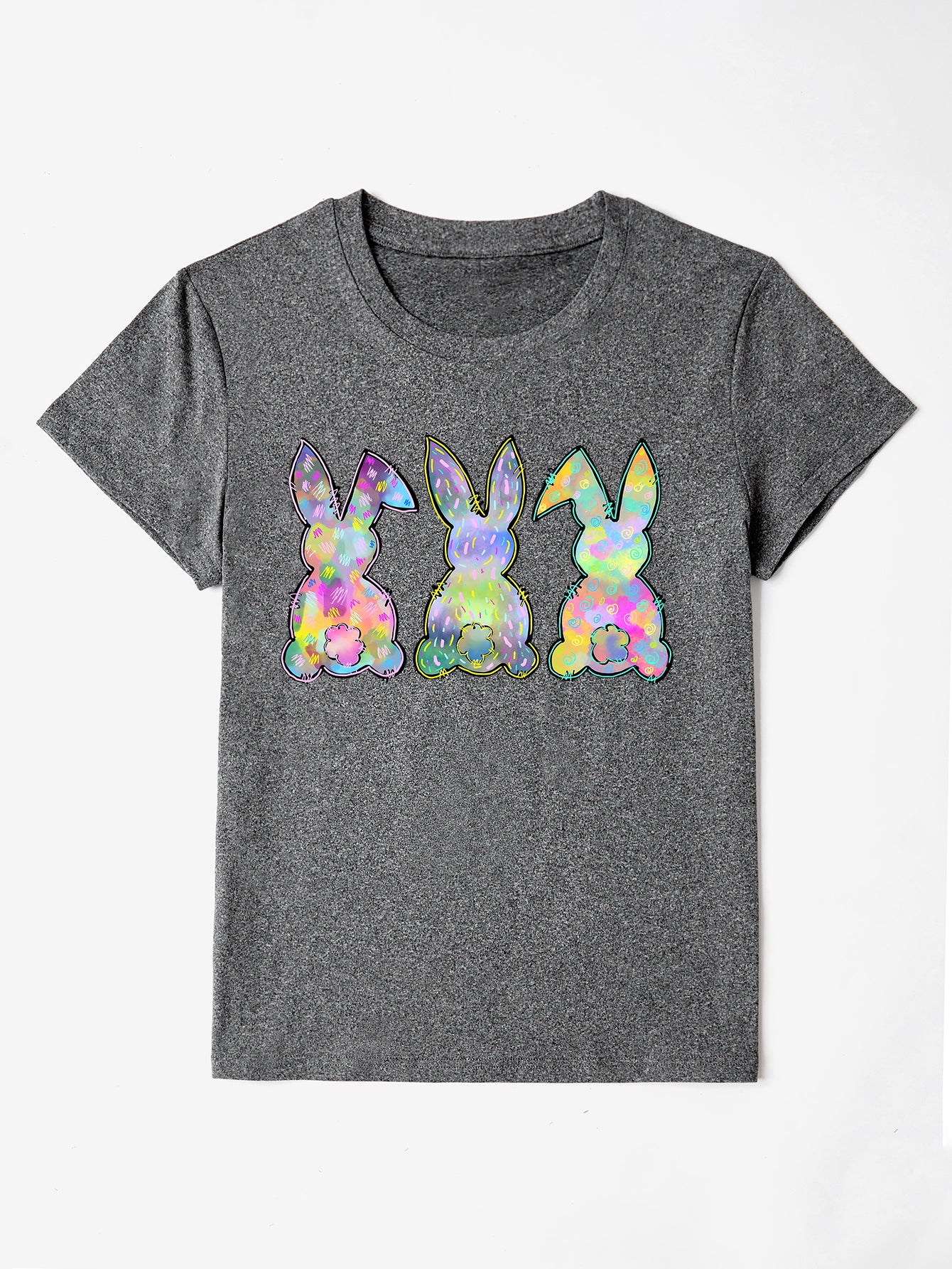 Dark gray t-shirt with three pastel tie-dye bunny silhouettes on the front.