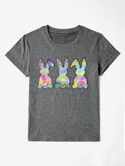 Dark gray t-shirt with three pastel tie-dye bunny silhouettes on the front.