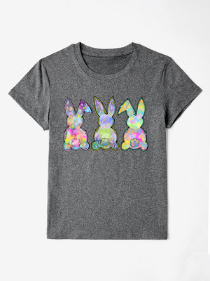 Dark gray t-shirt with three pastel tie-dye bunny silhouettes on the front.