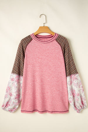 Paisley puff sleeve raglan tee in dusty pink with plaid and floral print sleeves.
