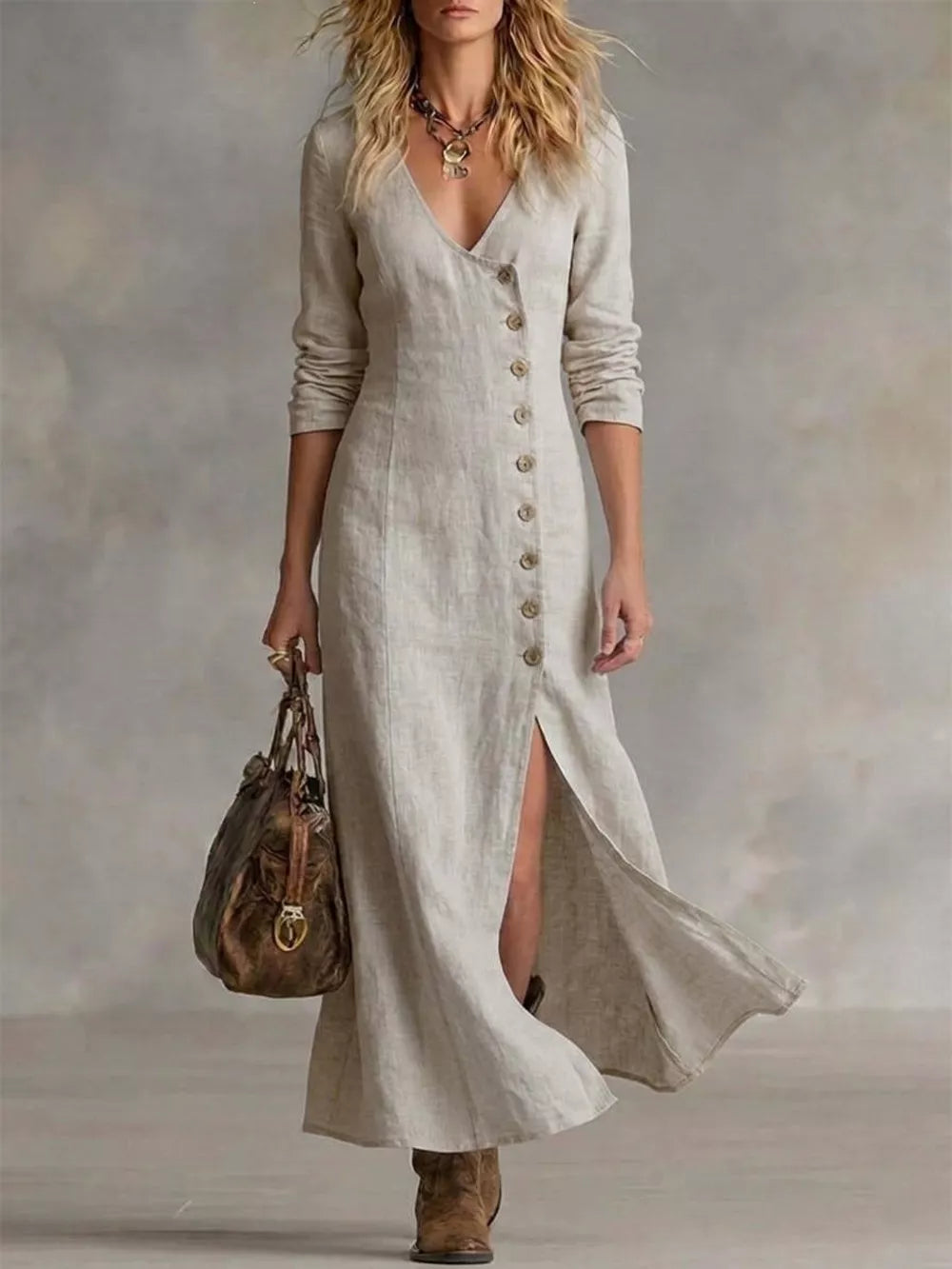 Khaki button-down maxi dress with V-neck and side slit
