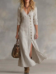 Khaki button-down maxi dress with V-neck and side slit