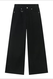 Black denim palazzo trousers with a wide leg and a silver ring detail at the waist.