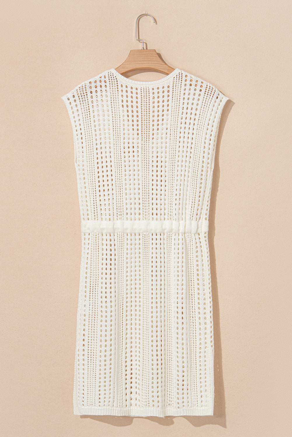 Beige open-knit mini dress with drawstring waist and sleeveless design