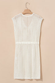 Beige open-knit mini dress with drawstring waist and sleeveless design