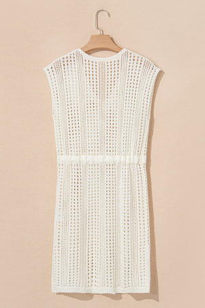 Beige open-knit mini dress with drawstring waist and sleeveless design
