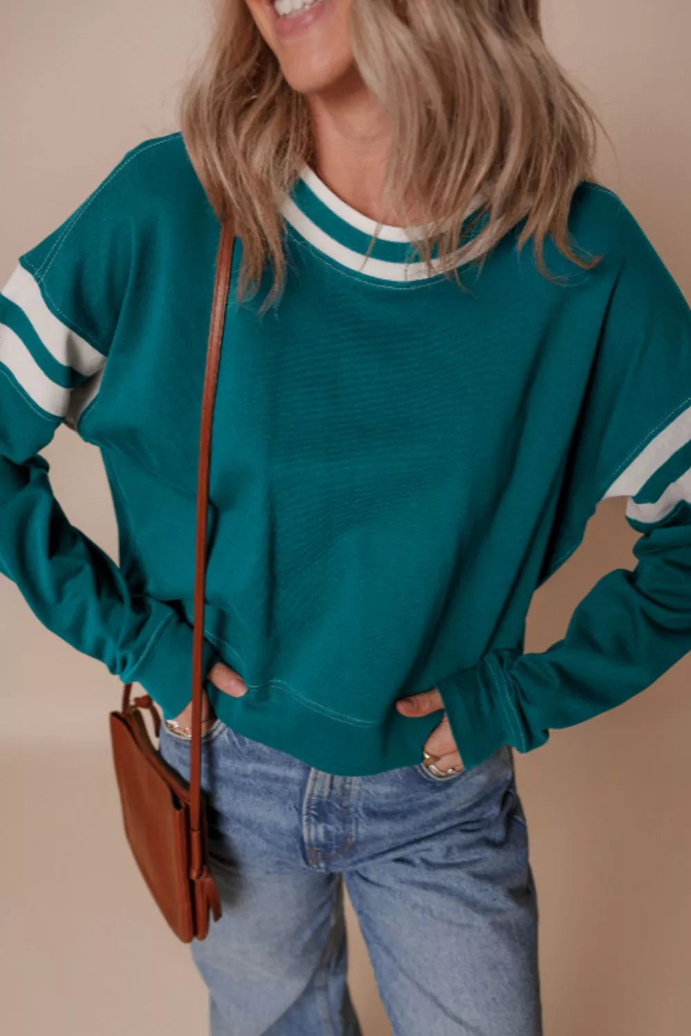 Contrast Striped Patchwork Sweatshirt in French Blue, fabric detail