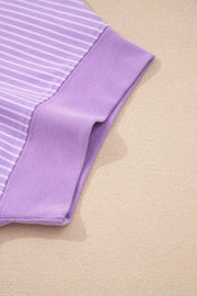 Purple and white striped cotton shorts with a ribbed waistband detail.