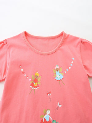 Coral t-shirt with fairy and butterfly print, short puff sleeves, and crew neck.