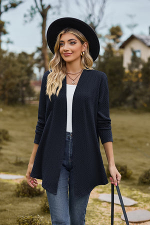 Dark Navy textured knit cardigan with drape front and long sleeves.