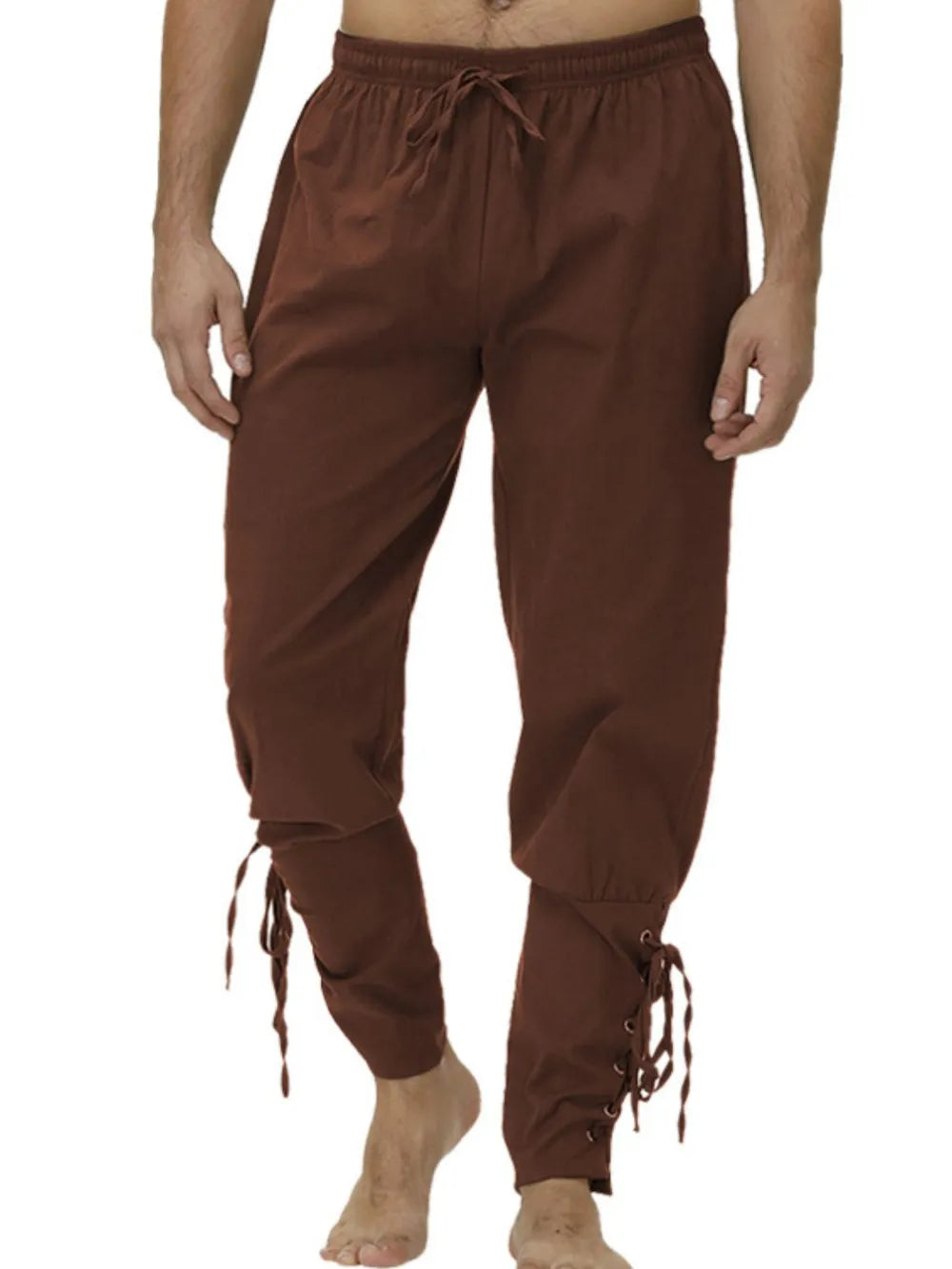 Dark brown drawstring trousers with lace-up hem detail.
