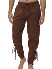 Dark brown drawstring trousers with lace-up hem detail.