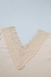 Lace Trim V Neck Long Sleeve Patchwork Shirt, fit detail
