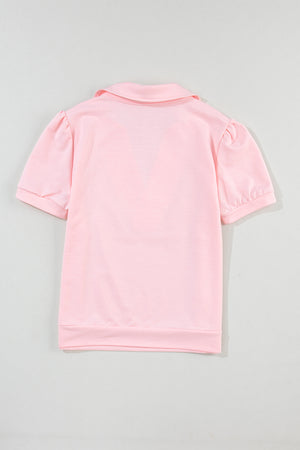Blush pink V-neck collar tee with short puff sleeves and a casual fit.