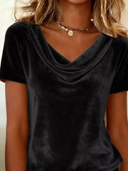 Black velvet t-shirt with short sleeves and a luxurious cowl neckline.