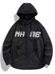 Black plus size snap-down hooded jacket with white embroidered lettering and adjustable hood.