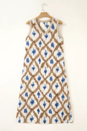 Charming Ikat Print V-neck Midi Dress