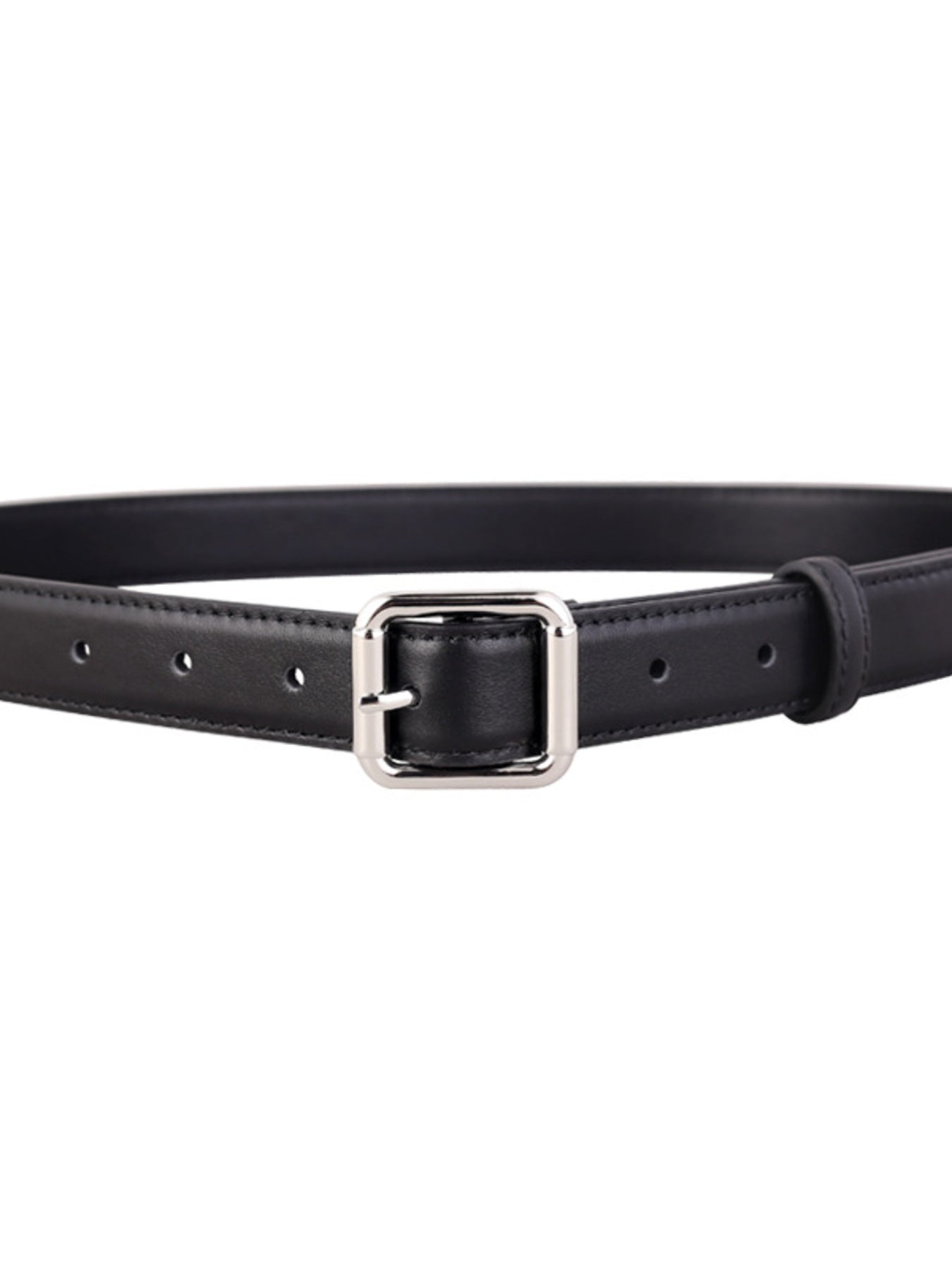 Black cowhide leather belt with a silver square buckle and adjustable holes.