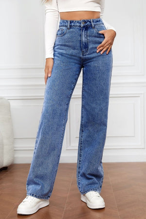 Light blue denim jeans with a wide leg and sculpted waist, buttoned closure.
