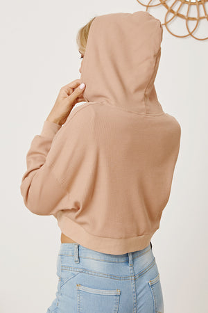 Waffle knit cropped zip hoodie in khaki with a relaxed fit and hood.