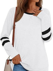 White long sleeve t-shirt with black stripes on sleeves and black neckline