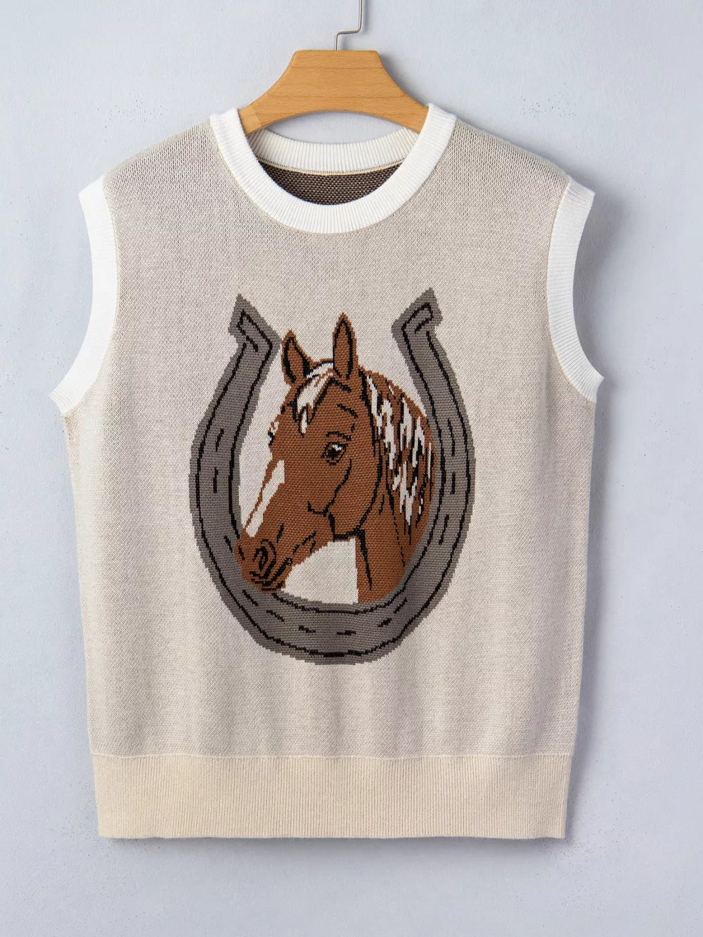 Sleeveless knit vest with horse and horseshoe graphic, crew neck, cream acrylic