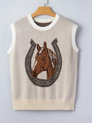 Sleeveless knit vest with horse and horseshoe graphic, crew neck, cream acrylic