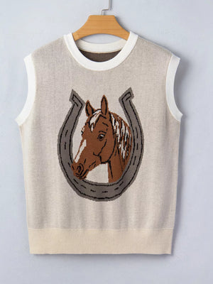 Sleeveless knit vest with horse and horseshoe graphic, crew neck, cream acrylic
