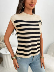 Striped knit pocket tee in beige and black with a mock neckline and cap sleeves.