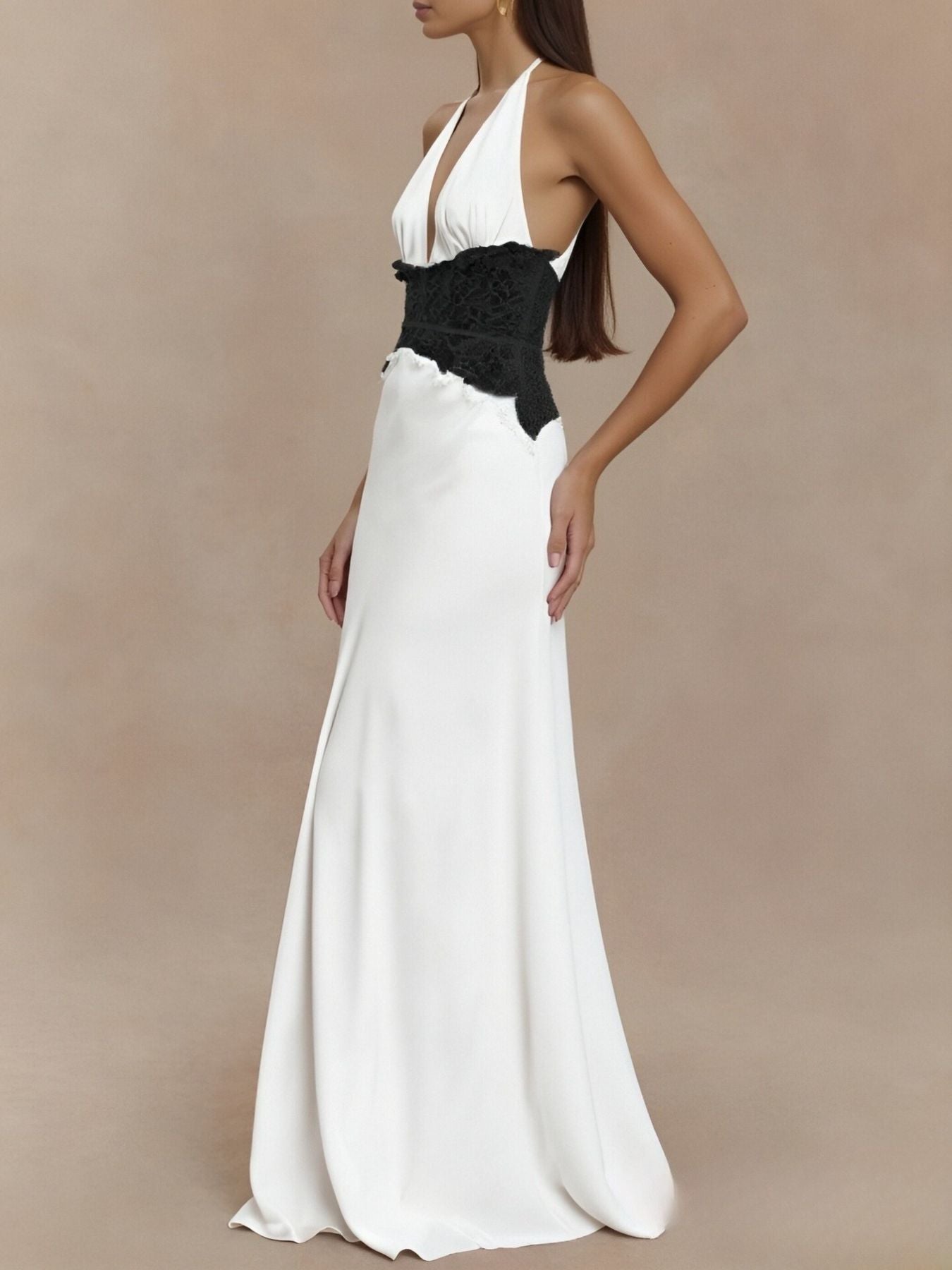 White halter neck maxi dress with black lace trim detail