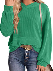 Green ribbed V-neck oversized hoodie sweatshirt with balloon sleeves.