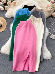 Chic split knit midi skirt in pink, off-white, green, and other colors.