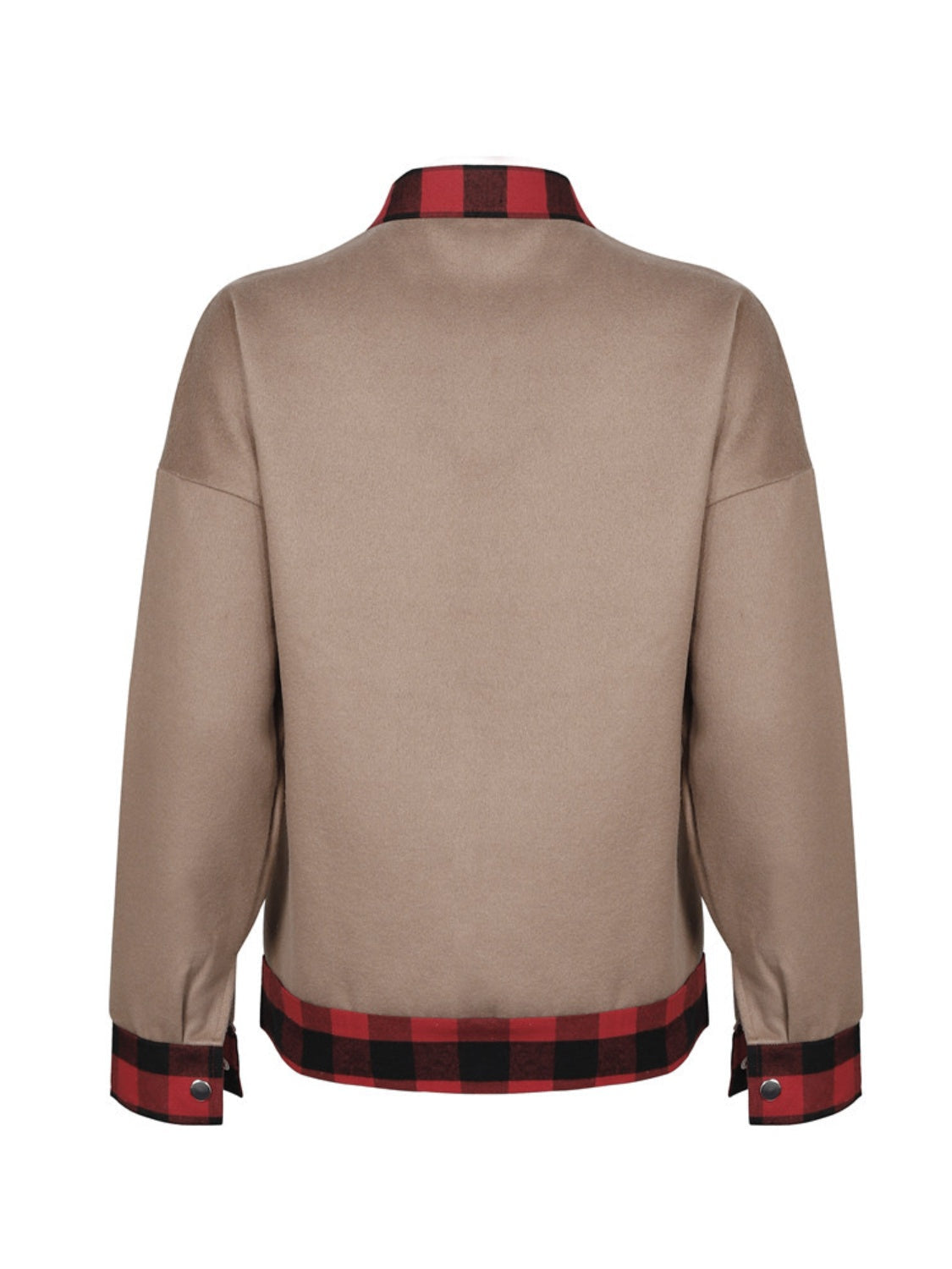 Plaid trimmed casual jacket in taupe with red and black checkered accents on collar and hem.