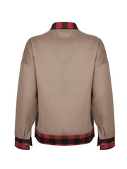Plaid trimmed casual jacket in taupe with red and black checkered accents on collar and hem.