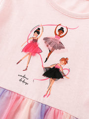 Ballerina graphic cotton dress in blush pink with rainbow tulle skirt.
