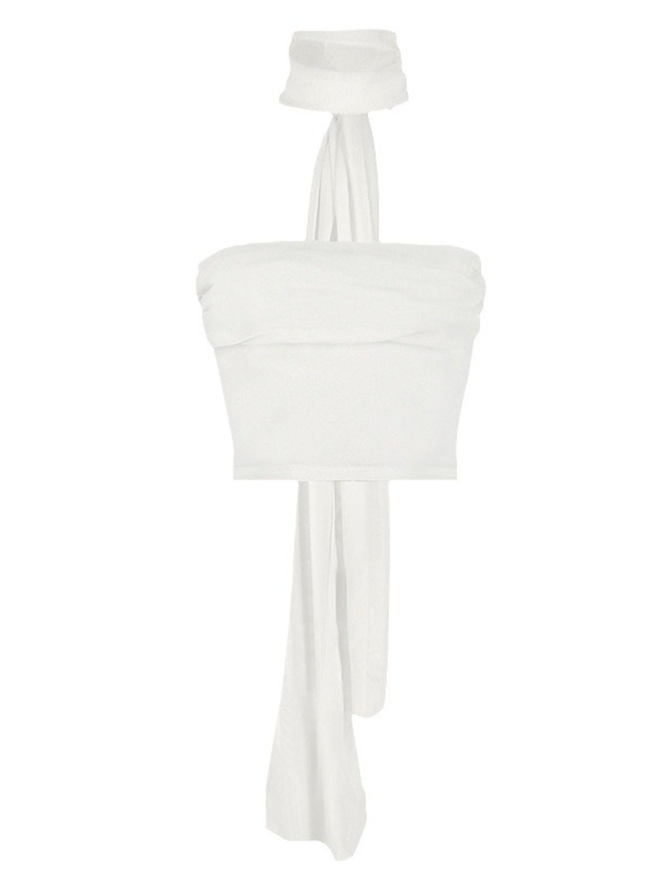 White ruched tube top with sheer scarf detail