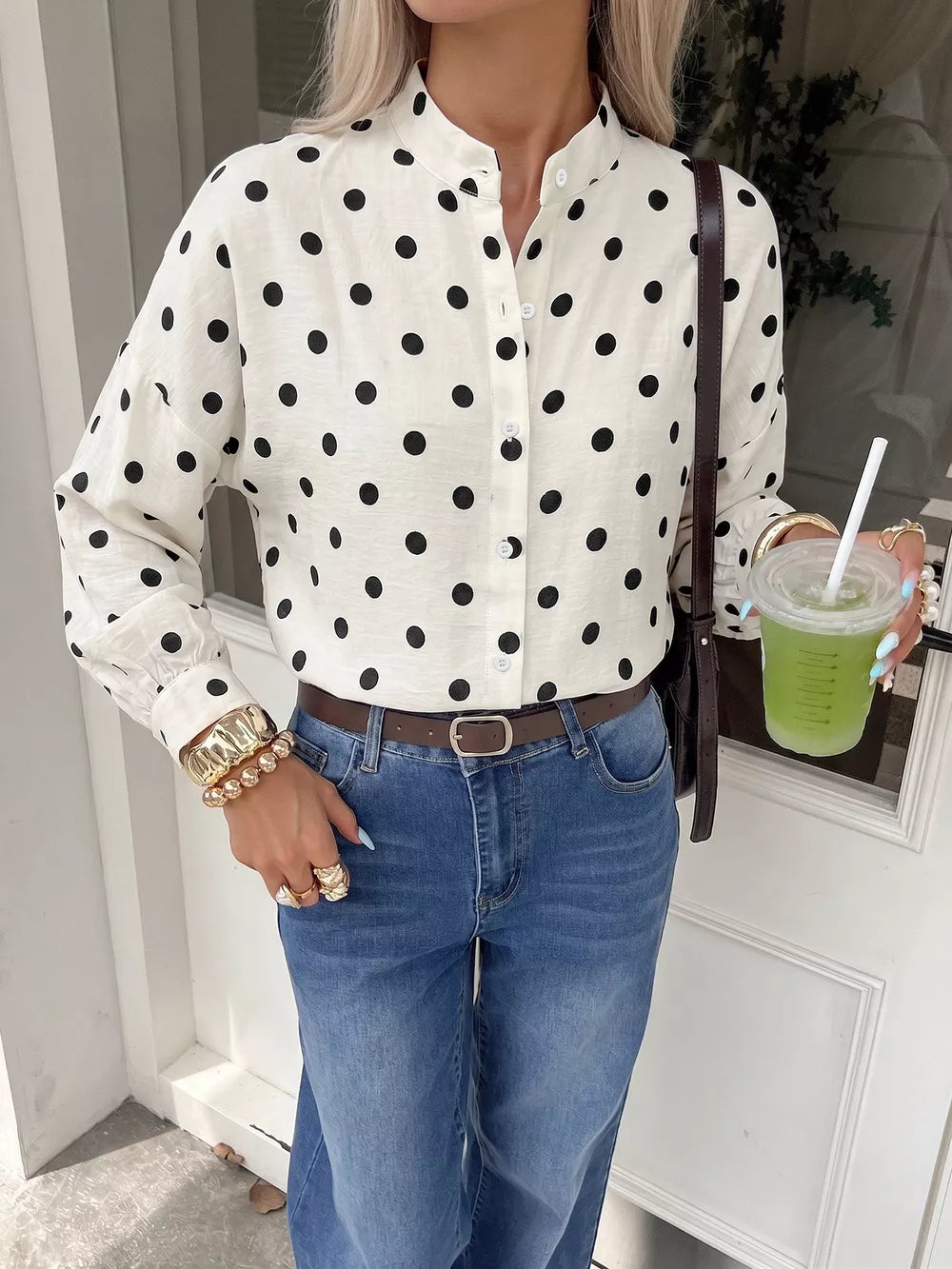 Polka Dot Button-up Shirt in Beige, close-up detail