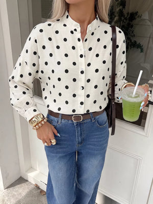 Polka Dot Button-up Shirt in Beige, close-up detail