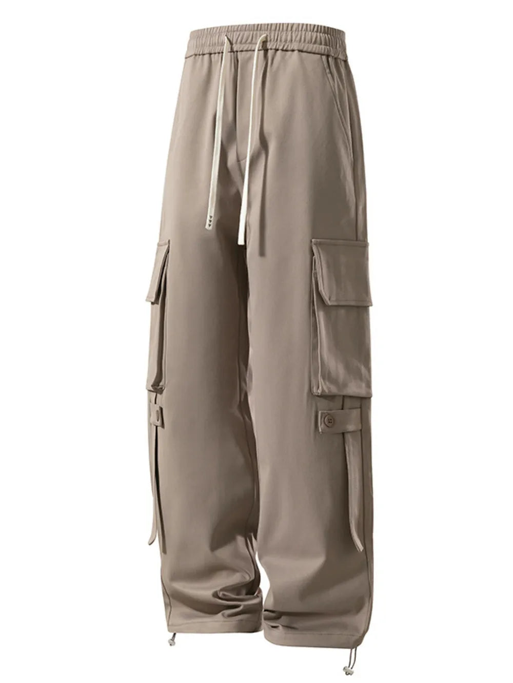 Light brown cargo pants with drawstring waist and multiple utility pockets.