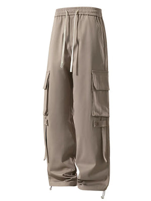 Light brown cargo pants with drawstring waist and multiple utility pockets.