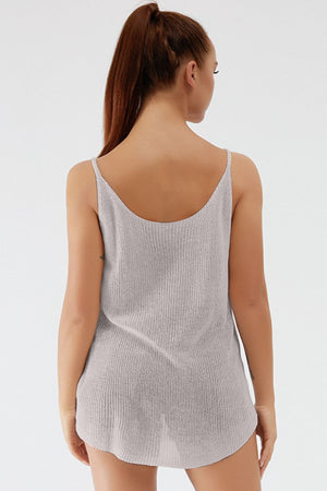 Gray ribbed knit cami with scoop back and thin straps